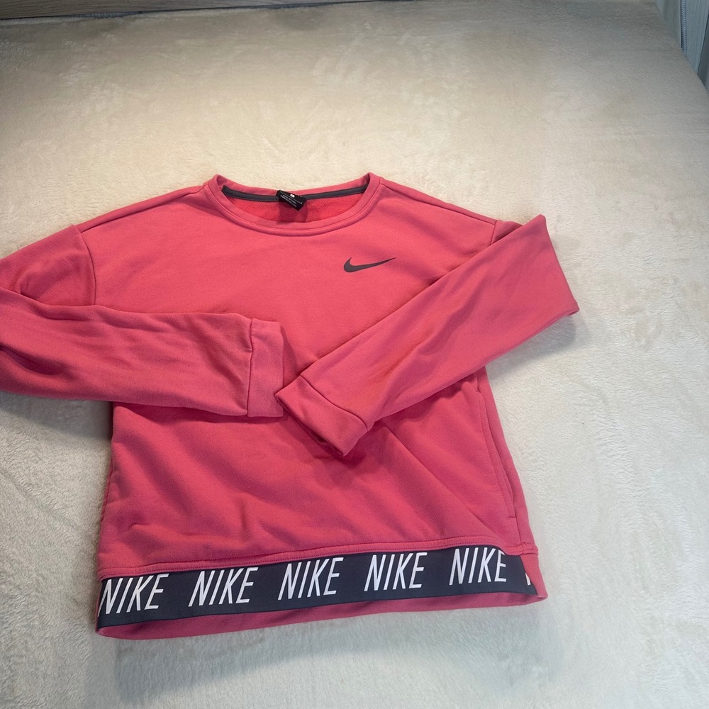 Nike Dri-FIT Pink Logo Hem Sweatshirt Pullover Pockets 890281-823 Womens L